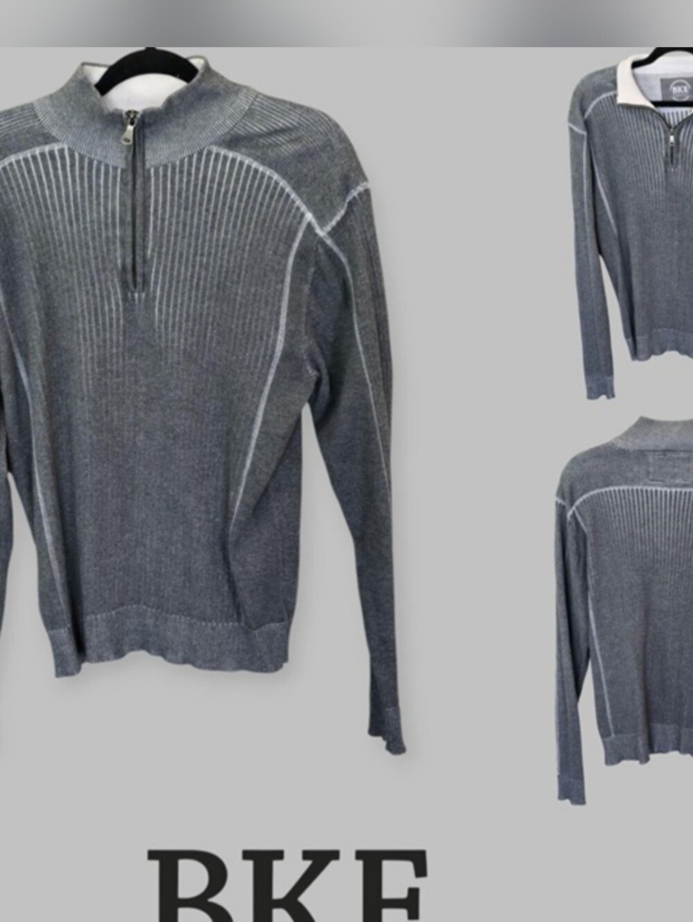 BKE Gray Kingston Quarter Zip Ribbed Sweater 100% Cotton Mens Large